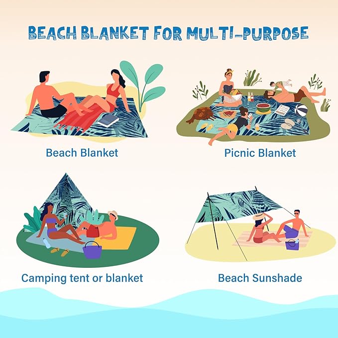 Beach Blanket Waterproof Sandproof 1-7 Adult Oversized 78 '' × 81 '' Lightweight Durable Compact Sand Free Beach Mat for Travel Camping Hiking Picnic Blanket Extra Large
