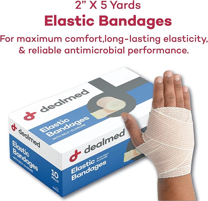 Dealmed 2" Elastic Bandage Wrap with Self-Closure – 10 Elastic Bandages, 5 Yards Stretched Compression Bandage Wrap, Wound Care Product for First Aid Kit and Medical Facilities