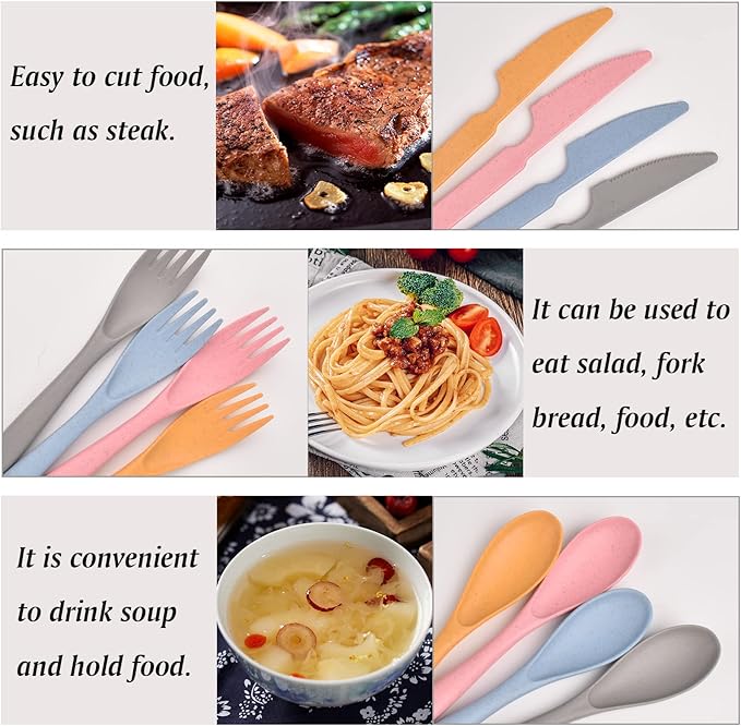 Travel Utensil Set with Case, 4 Sets Wheat Straw Silverware Reusable Knife Spoons and Forks Cutlery Set, Portable Utensil Sets for Travel Picnic Camping or Daily Use