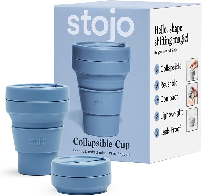 STOJO Collapsible Travel Cup - Steel Blue, 12oz / 355ml - Leak-Proof Reusable To-Go Pocket Size Silicone Bottle for Hot & Cold Drinks - Camping & Hiking - Dishwasher Safe - No Straw Included