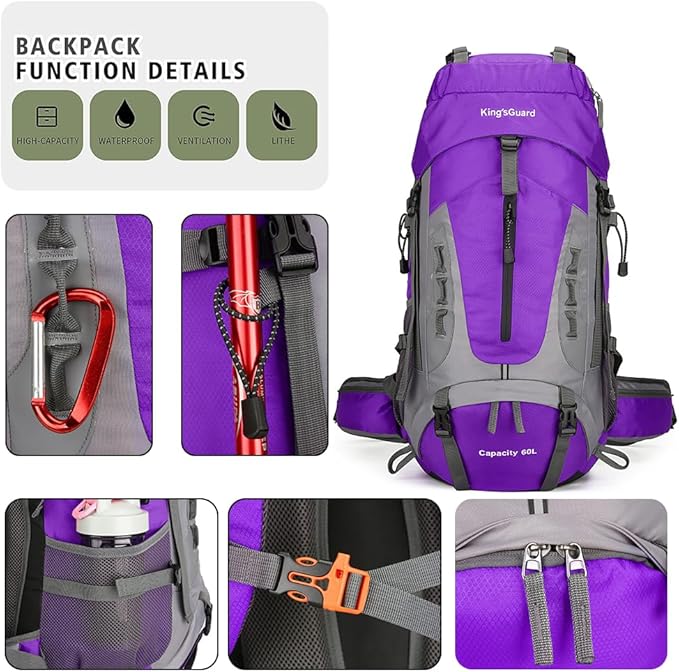 King'sGuard 60L Hiking Backpack Men Women Camping Backpack Waterproof Backpacking Mountaineering Climbing Daypack with Rain Cover (Purple)