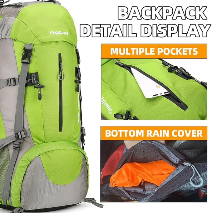 70L Camping Hiking Backpack with Rain Cover Waterproof Backpacking Backpack for Hiking Treeking Climbing Outdoor (Green)