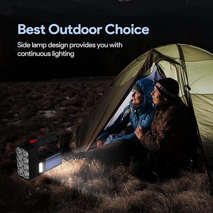 Portable Handheld Solar-Powered Flashlight with 8 LED Lights, 3 Modes Rechargeable Flashlights High Lumens Searchlight for Outdoor and Emergency Use (Black)