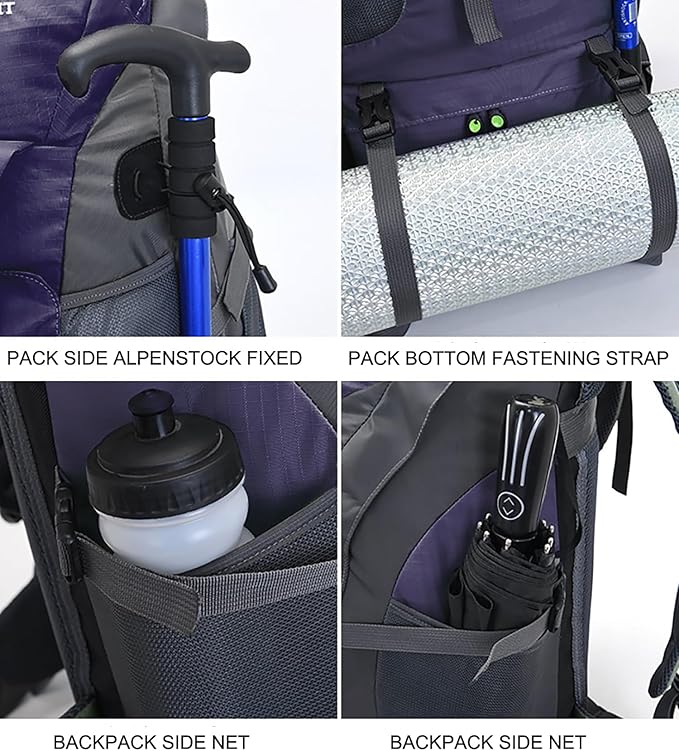 Bseash 50L Hiking Backpack, Water Resistant Lightweight Outdoor Sport Daypack Travel Bag for Camping Climbing Touring (Dark Purple - With Shoe Compartment)