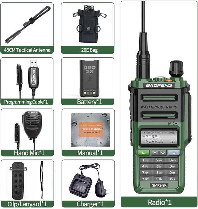 GMRS Radio Baofeng GMRS-9R 5W Rechargeable Two Way Radio for Adults,Waterproof IP67,NOAA Scanning and Receiving with Extra Original Battery,Programming Cable,Tactical Antenna,Speaker Mic,Tactical Bag