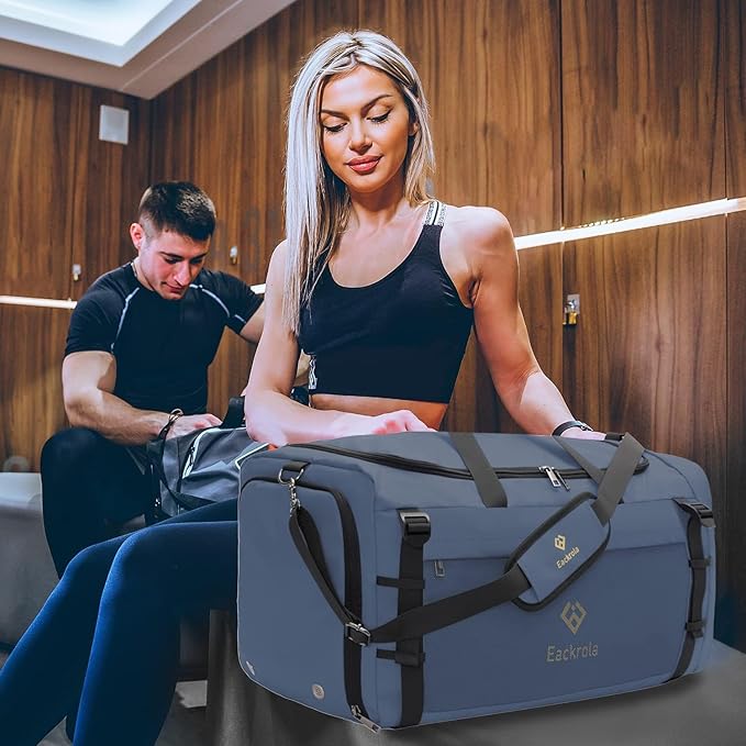 Eackrola Extra Large Sports Gym Bag, Travel Duffel bag with Wet Pocket & Shoes Compartment for men women, 85L, Lightweight (Haze Blue)