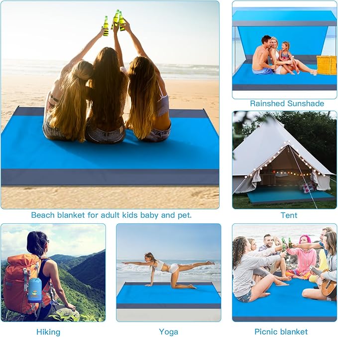 BYDOLL Beach Blanket Waterproof Sandproof 78''×81'' 1-7 Adults Oversized Lightweight Large Picnic Mat Waterproof Sandproof Blanket for Beach