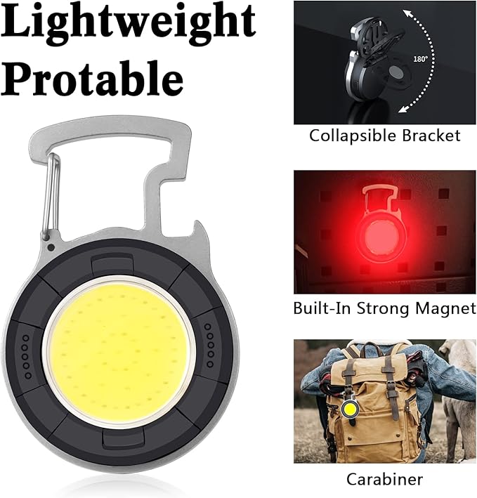 COB Small Flashlight, 1000Lumens Bright Rechargeable COB Keychain Flashlights,4 Light Modes Portable Pocket Light with Folding Bracket Bottle Opener and Magnet Base for Walking and Camping (Round)