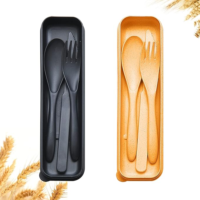Reusable Travel Utensils Set with Case, 2 Sets Wheat Straw Portable Plastic Fork Spoons Knife Camping Cutlery, Eco-Friendly BPA Free Lunch Tableware for Kids Adults Travel Picnic Utensils