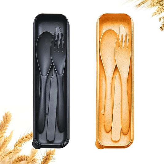 Reusable Travel Utensils Set with Case, 2 Sets Wheat Straw Portable Plastic Fork Spoons Knife Camping Cutlery, Eco-Friendly BPA Free Lunch Tableware for Kids Adults Travel Picnic Utensils