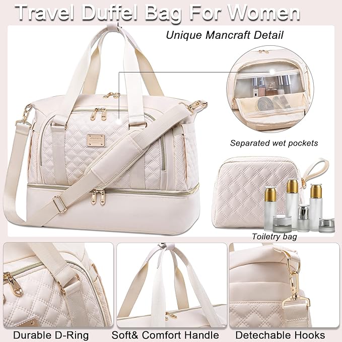 Weitars Gym Bag For Women,Travel Duffel Bag Weekender Bag,Sport Bag With Shoes Compartment And Wet Pocket,Large Carry On Bag Overnight Hospital Bag For Travel,Shopping (Beige)