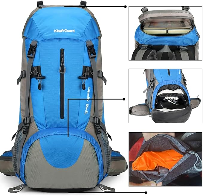King'sGuard 70L Hiking Backpack Waterproof Camping Backpack with Rain Cover Large Lightweight Backpacking Backpack Daypack for Travel Outdoor -Frameless (Light Blue)