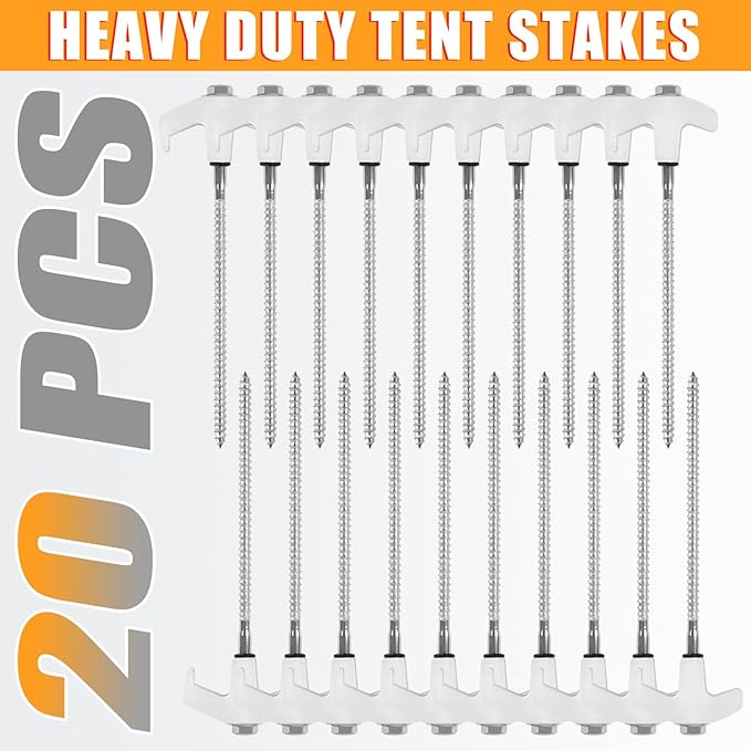 20 Pcs 8" Heavy Duty Screw-in Tent Stakes with Storage Bag, Glow-in-The-Dark Ground Anchor Peg, Metal Threaded Drillable Tent Stake for Camping Swing Canopies, with 1 Hex Nut Driver, Peg Puller