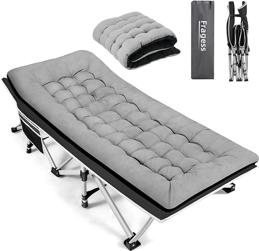 Portable Camping Cot, Sleeping Cots for Adults, 28" Extra Wide Folding Cot Max Load 600LBS with Thick Mattress, Portable Camping Bed for Outdoor Camp/Office, Home Nap (Black+Grey)