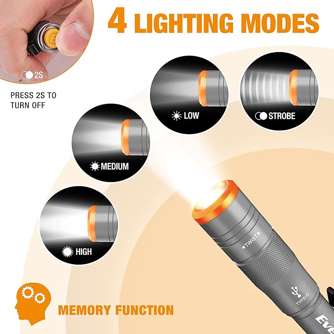 EverBrite Mini Pen Light, Rechargeable Pocket Pen Flashlight with USB C Cable, 4 Light Modes, 300 Lumens Small Flashlight with Clip for Inspection, Repair, Outdoors, Emergency, Gunmetal grey