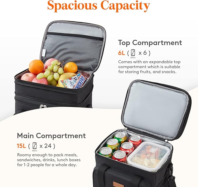 Lifewit Lunch Box for Men Women, Large Insulated Soft Cooler Bag, Leakproof, 21L Capacity, Black