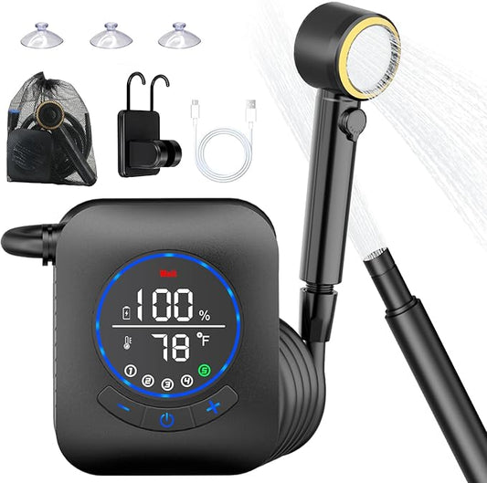 Upgraded 8000mAh & 5 Speed Portable Shower for Camping, LCD Display Rechargeable Camping Shower Head with 4 Spray Modes, IPX8 Waterproof Pocket Outdoor Shower Pump for Hiking, Travel, Car, Pet