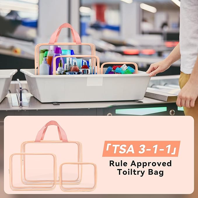 TISRATOK 10 PCS Clear Travel Makeup Toiletry Bag, Plastic PVC Cosmetic TSA Approved Organizer Kit with Zipper Handbag(Pink)