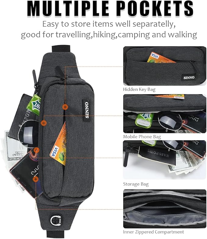 SINNO Large Crossbody Fanny Pack for Women Men Belt Bag With 4-Zipper Pockets for Travel Running Hiking Workout Dog Walking Outdoors Sport Fishing Waist Pack Bag Carrying All Phones
