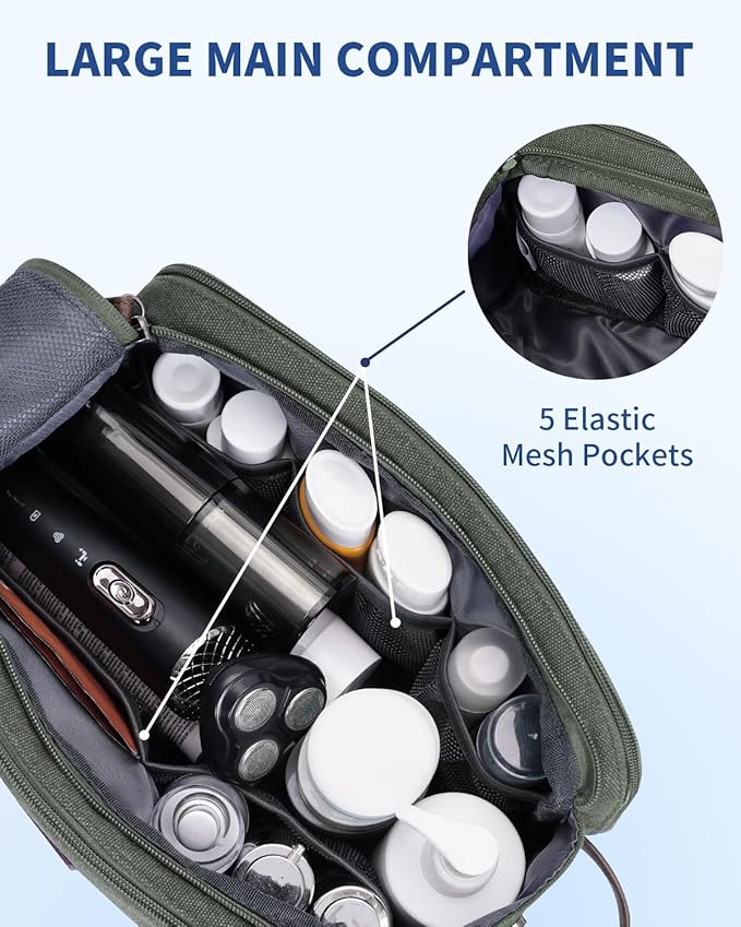WANDF Toiletry Bag for Men Travel Toiletry Organizer Canvas and Leather Dopp Kit Water-Resistant Shaving Bag for Travel Accessories (Green, Patent Pending)