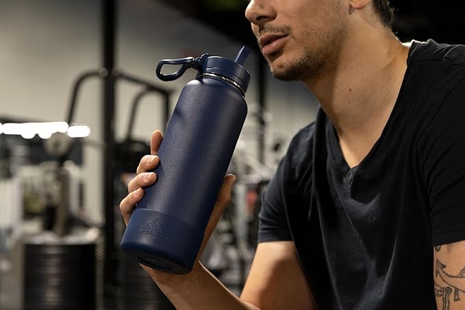 Hydrapeak 32oz Sport Insulated Water Bottle with Straw or Chug Lid, Leak & Spill Proof, Keeps Drinks Cold for 24 Hours, Hot for 12 Hours, Premium Stainless Steel Water Bottles (32oz, Midnight Plum)