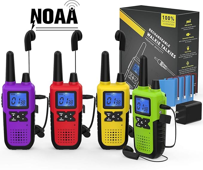 4 Rechargeable Walkie Talkies for Adults Long Range - Long Distance 2 Way Radios Walkie Talkies 4 Pack Work Walkie Talkies with Earpiece and Mic Set Headsets USB Charger Battery NOAA Weather Radio