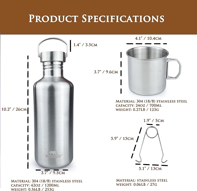 Canteen 42oz Single Wall Water Bottle with 24oz Nested Camping Cup and Carrier Bag, Stainless Steel, Bushcraft Gear, Wide Mouth Water Bottle, Survival Gear, Water Boiler, Self Reliance