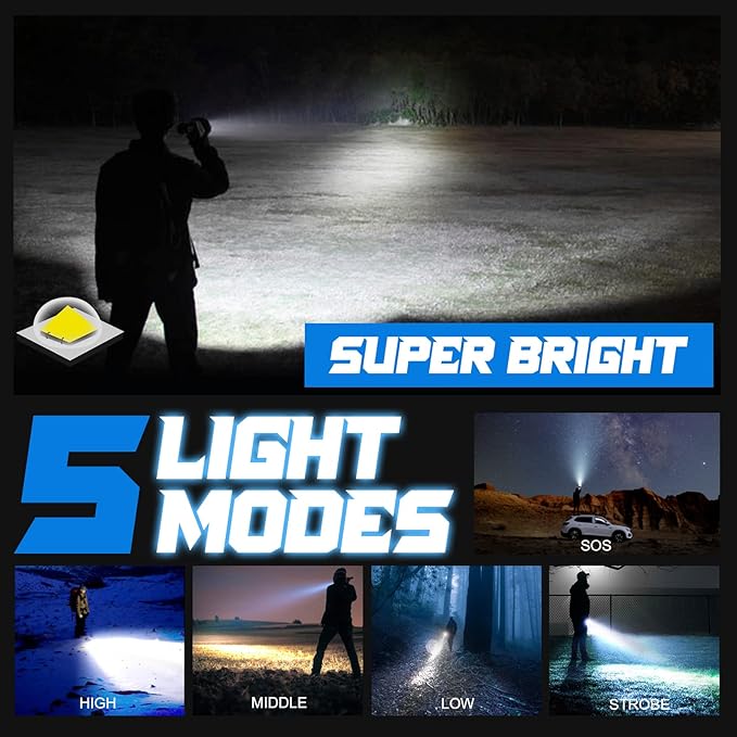PHIXTON Rechargeable Flashlights High Lumens, 5000 Lumen USB C Chargeable LED Flashlight, Bright Strong Handheld Flash Lights, Long Lasting, Adjustable Focus, 5 Modes, for Emergencies Hiking Gift