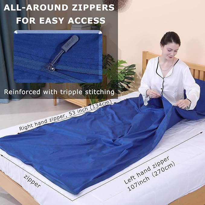 100% Cotton Sleeping Bag Liner with Full Length Zipper on 3 Sides; Single/Double Adult Sleep Sack for Travel & Camping, Multifunctional Travel Sheets (Unzipped 87”x87”) for Hotel, Lightweight