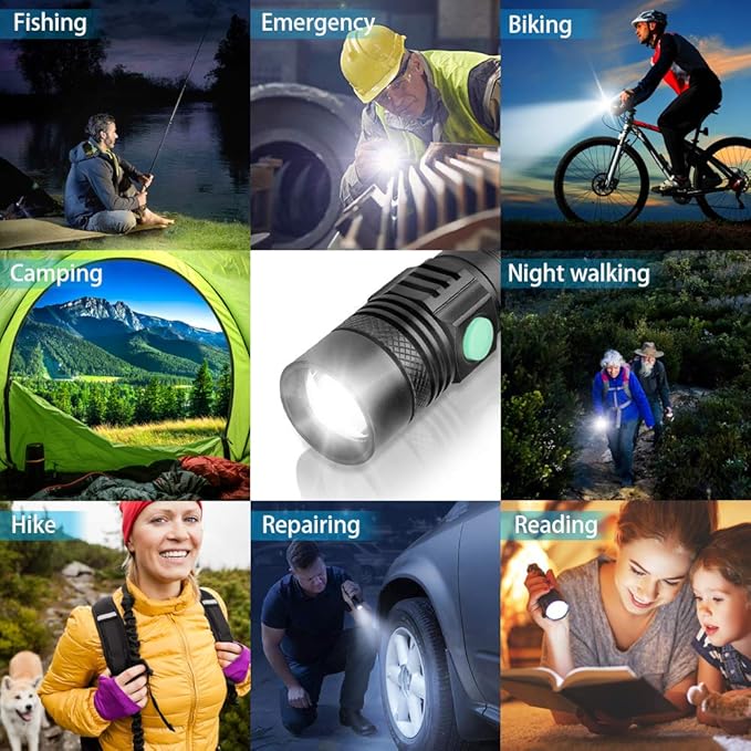 Flashlights USB Rechargeable, Tactical Led Flashlight, 4 Models, Zoomable, Waterproof, High Lumens Flashlight with Clip for Camping, Hiking and Outdoor