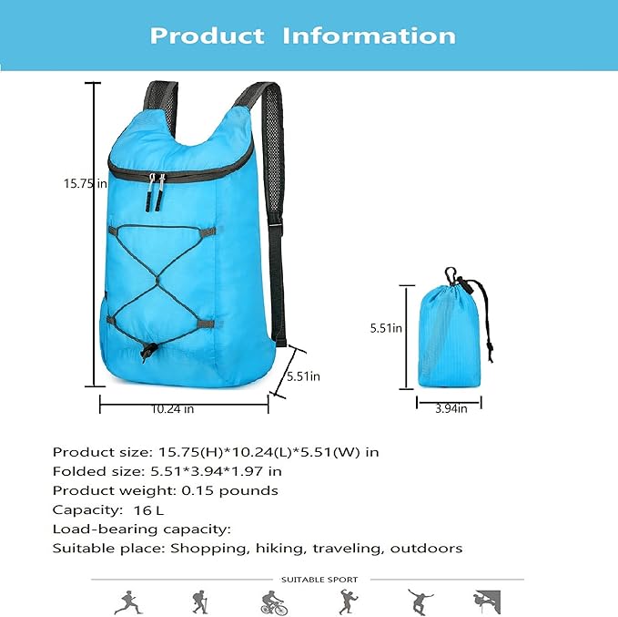 16L Hiking-Daypack Lightweight-Foldable Travel-Backpack Water-Resistant Camping Outdoor Packable Small Carry-on Bag (Blue)