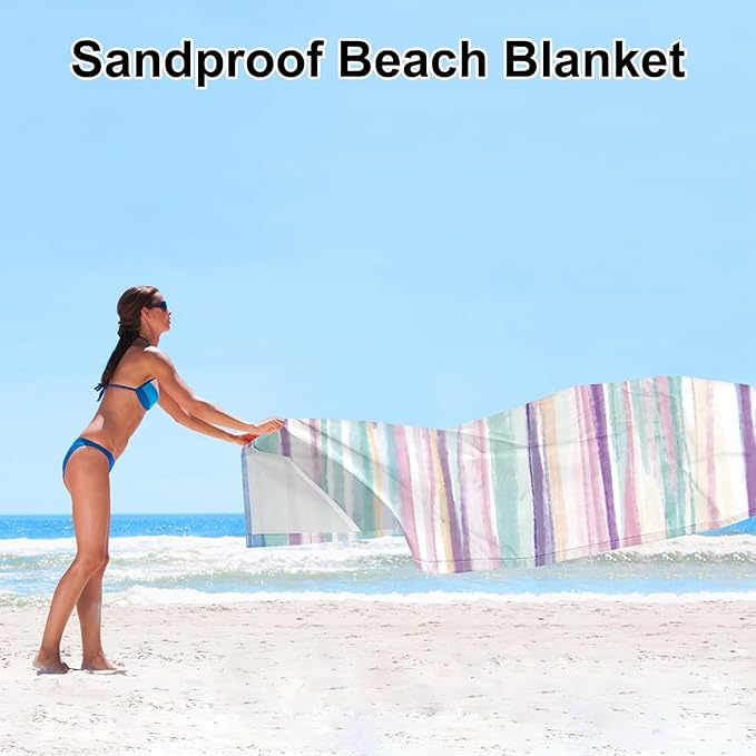 Beach Blanket Sandproof, 78”x 86” Large Beach Mat Sand Free Waterproof with 4 Pocket & Stakes, Lightweight Compact Foldable Beach Essentials for Picnic, Travel, Camping, Outdoor - Watercolor Painting