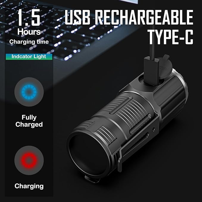 LED Mini Flashlight Rechargeable, German Three-Eyed Monster Mini Flashlight with Clip, IP54 EDC Tactical Flashlight with 5 Modes for Outdoor, Home, Emergency,Camping, Working (2 Pieces)
