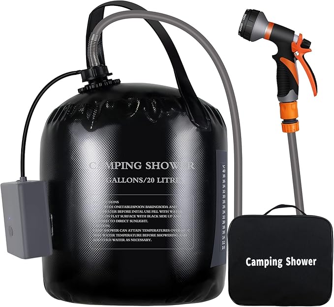 Portable camping shower, 5gallons/20 liters rechargeable air pump outdoor electric camping shower, 8 spray modes, solar heating black PVC airbag, built-in thermometer, beach, camping, hiking