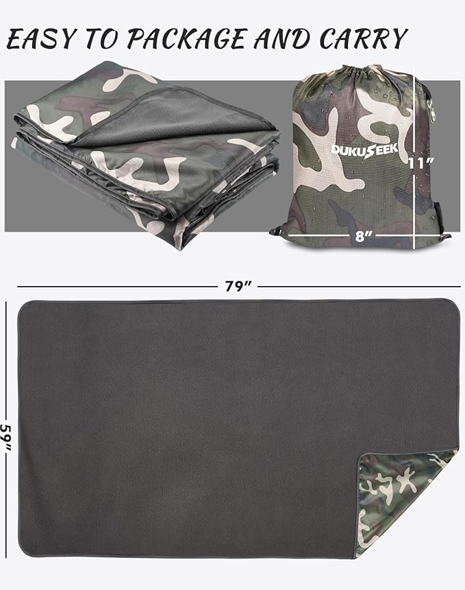 DUKUSEEK Hooded Stadium Blanket, Camouflage Waterproof Windproof Outdoor Fleece Blanket - Large (79"x 59"), Portable, Wearable, Warm for Outdoor Hunting, Sporting Events…