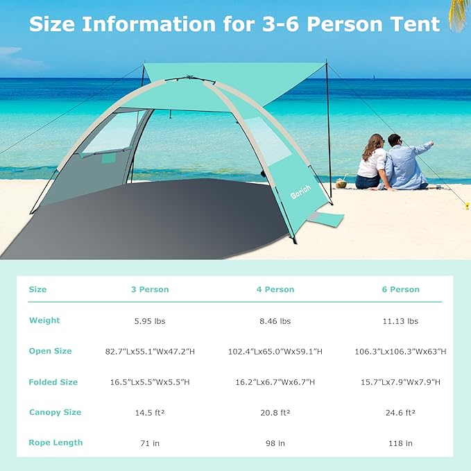 Gorich Beach Tent with Canopy - Easy Setup 3-6 Person Portable Sun Shelter, UPF 50+ UV Protection Sun Shade, Lightweight & Compact Beach Cabana for Family Travel