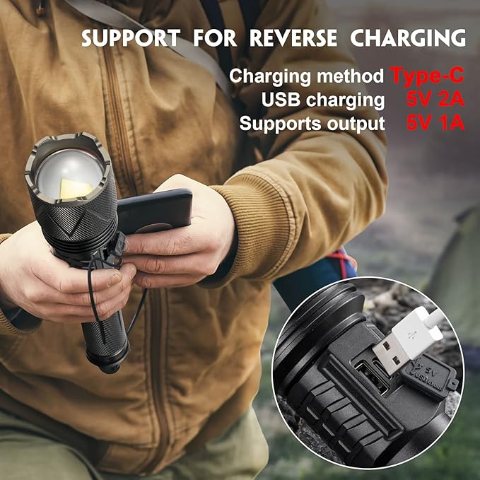 LED Torch High Lumen, Powerful 8000 Lumen Super Bright Torch with USB Cable, Multifunctional Promise Dimming Zoomable Waterproof Tactical Torch for Hunting, Fishing Outdoor Camping