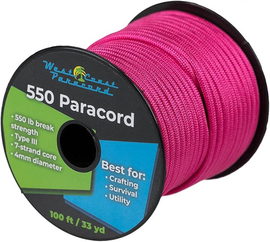 West Coast Paracord 100, 50 Feet 550 Lb. Paracord Parachute Rope Great for Outdoors Camping, Storage Kayak Utility Spool Many Colors