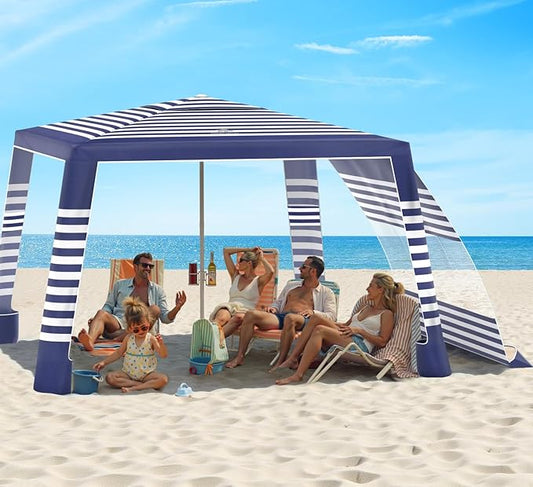 Rhino Valley Beach Cabana, 8 × 8FT Foldable Beach Tent with Cup Holder, Beach Canopy Easy Setup with UPF50+ Protection, Windproof Stable Beach Tent, Portable Beach Cabana Tent for Beach Camping