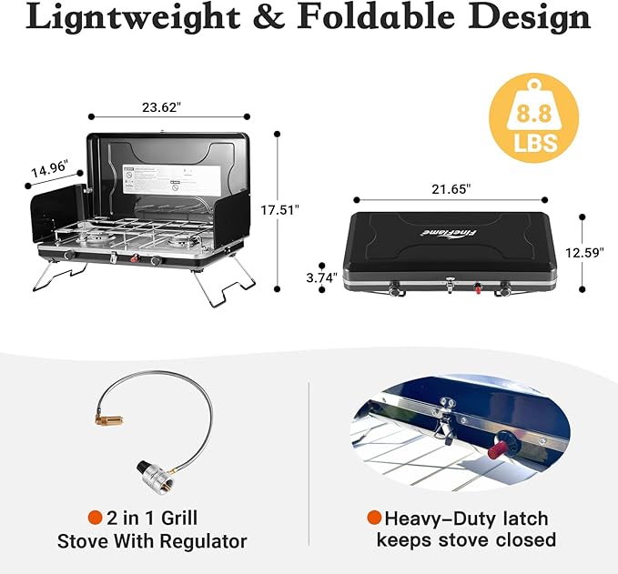 Camping Stove 2 Burner, Portable Propane Stove 20000 BTU with Regulator, Integrated Igniter & Stainless Steel Drip Tray & Built-in Handle & Foldable Legs for Outdoor Cooking and Travel