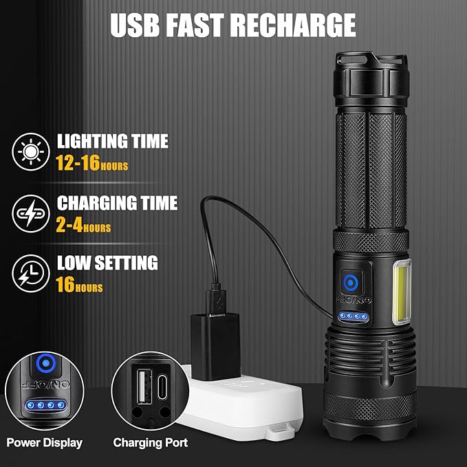 Rechargeable LED Flashlights High Lumens, 2 Pack 990000 Lumens Super Bright Flash Light with 7 Modes & COB Light, IPX7 Waterproof, USB Fast Charging Flashlights for Camping, Home, Emerge∩cies