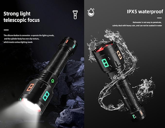 Rechargeable Military Flashlight, 220,000LM Powerful Tactical Flashlight, 5000 mAh LED Variable Focus, Up to 50 Hours of Continuous Use, for Camping Expeditions and Emergencies
