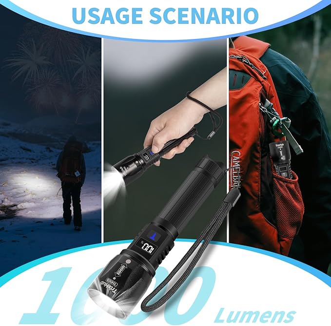 Rechargeable Flashlights 2 Pack, 990,000 Lumens Super Light Flashlight with LCD Digital Display, 5 Adjustable Mode Powerful Tactical Flashlight, Waterproof Flashlights for Camping Hiking