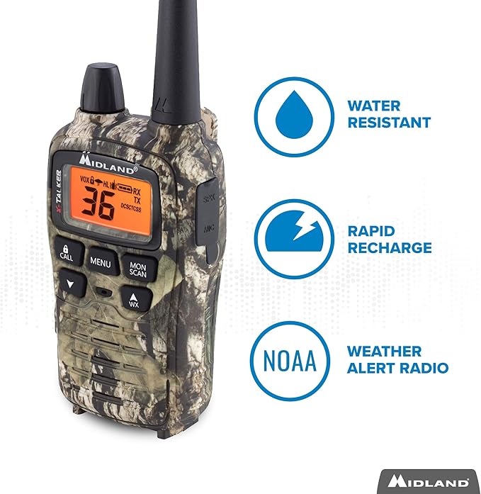 Midland® - T75VP3 - 36 Channel FRS Two-Way Radio - Long Range Walkie Talkie, 121 Privacy Codes, & NOAA Weather Scan + Alert - Mossy Oak Camo - Set of 2