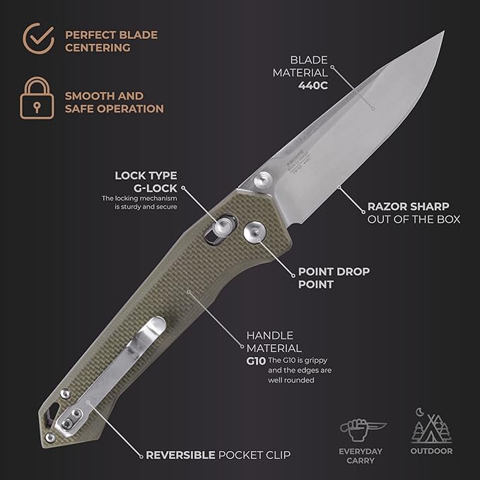 Firebird Ganzo FB7651-GR Pocket Folding Knife 440C Stainless Steel Blade G10 Anti-Slip Handle with Clip Hunting Fishing Camping Folder Outdoor EDC Knife (Green)