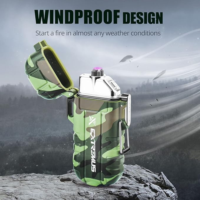 Extremus Blaze 360 Rechargeable Electric Lighters, Dual Arc Lighter, Windproof Plasma Lighter, Waterproof Lighter, Flameless Lighter with Whistle Lanyard for Camping (Army Green Flashlight)