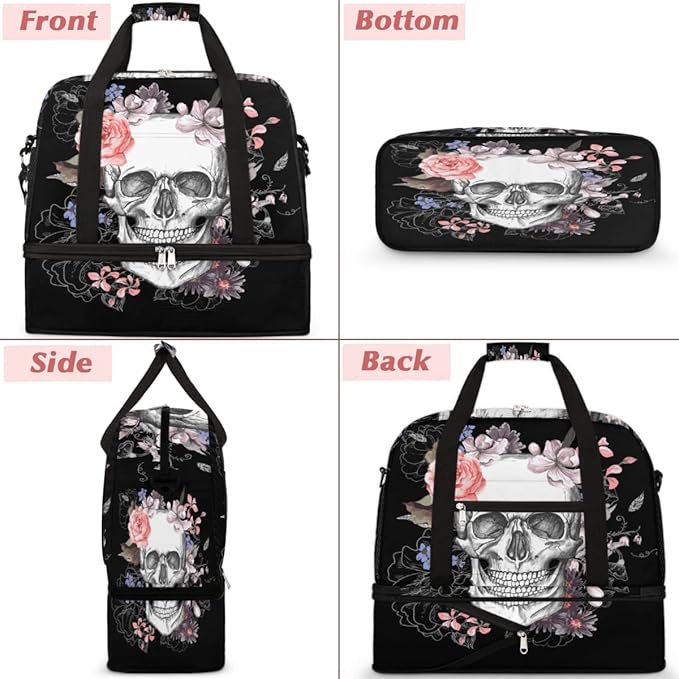 Sports Gym Bag, Sugar Skull Flower Halloween Travel Duffel Bag with Shoes Compartment Waterproof Overnight Bag Workout Weekender Bag Boys Girls Yoga Dance Bag Gym Tote Bag for Women Men