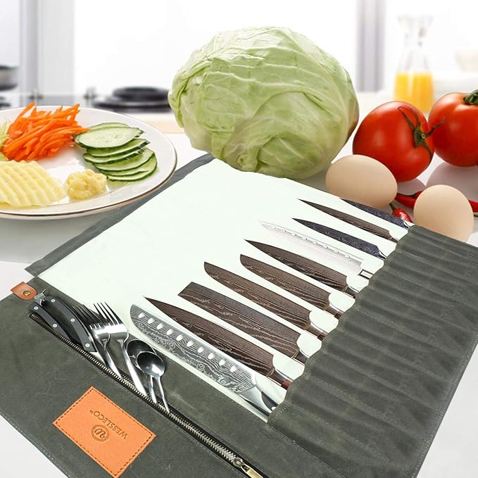 FIREDOG Wessleco Chef Knife Roll Bag (10 Pockets), Waxed Canvas Knife Carrying Case Storage with Handle & Shoulder Strap, Zipper Pouch for Culinary Tools (Knives Not Included)