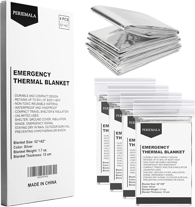 Emergency Blankets for Survival Gear (Pack of 4), Camping Blanket, Emergency Blanket, Thermal Blanket, Mylar Space Blanket, Survival Blanket, First Aid Supplies, Outdoors