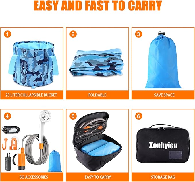 Portable Electric Shower Travel rain Shower Pump Camping Shower kit and 6.5 Gallon Folding Bucket for Indoor or Outdoor Shower car Cleaning pet Bath